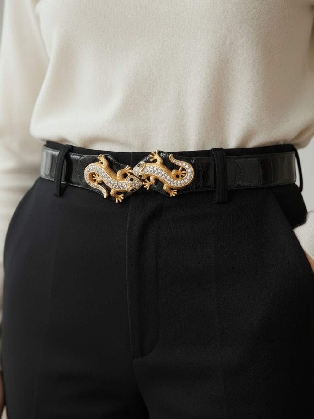 Judith Leiber Black Leather Belt with Gold Swarovski Crystal Lizard Buckle